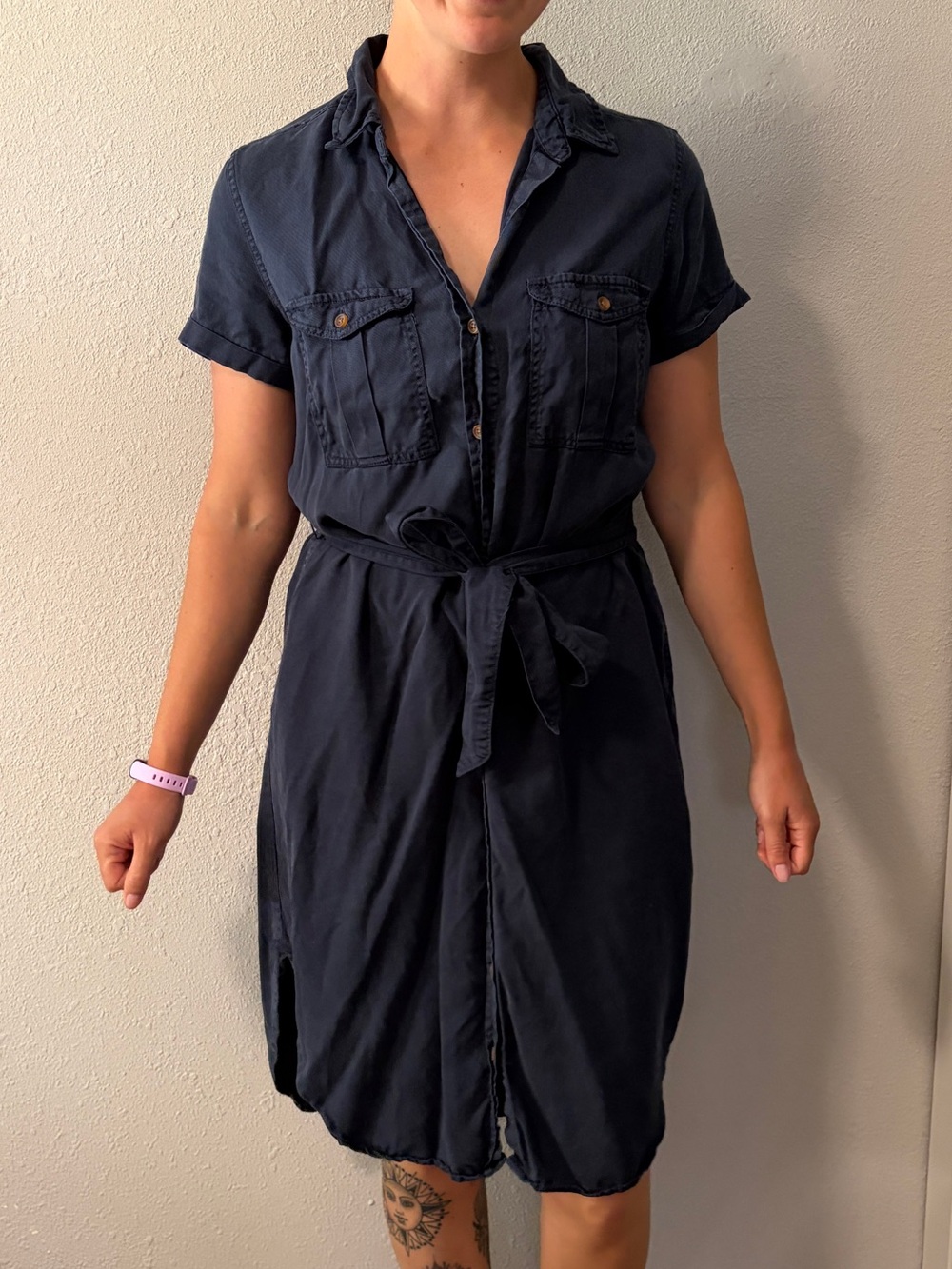 Women’s Navy Button-Front Shirt Dress with Tie Waist
